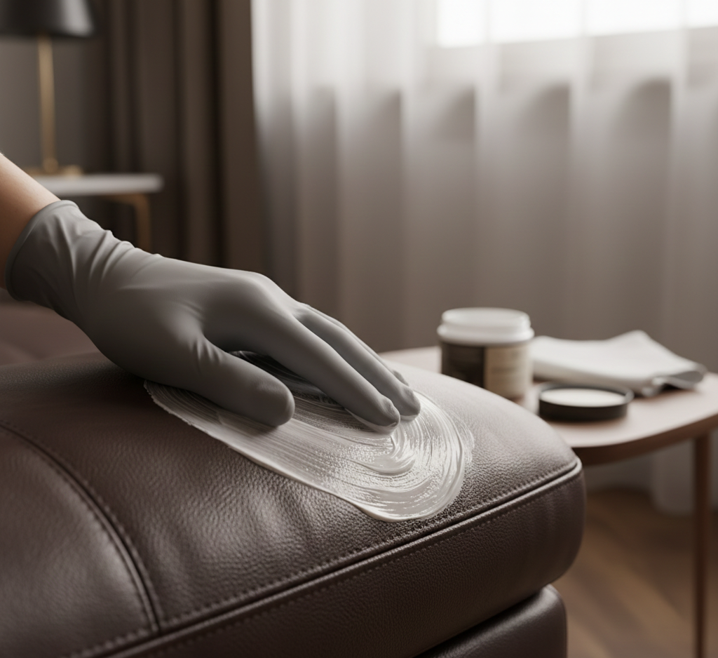 Hand in gray glove applying cream to a brown leather sofa.