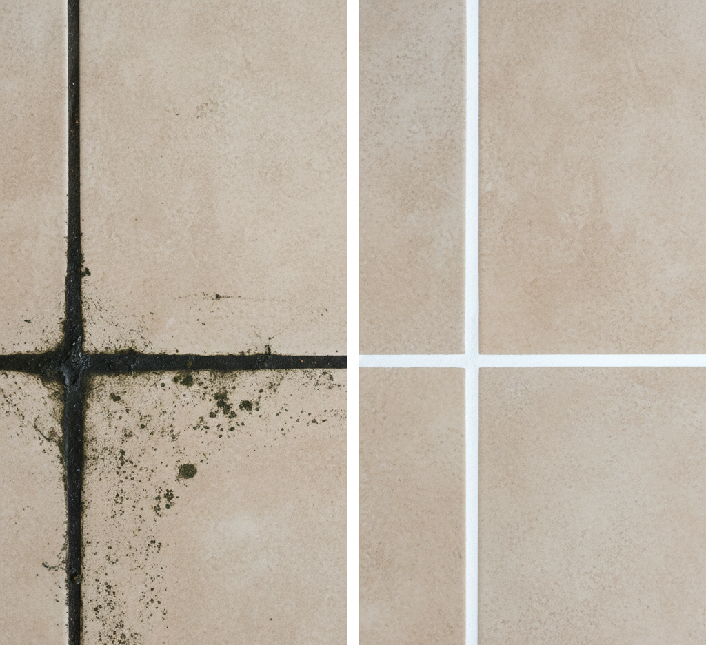 Before and after comparison of tile grout; left side shows dirty black grout, right side shows clean white grout.