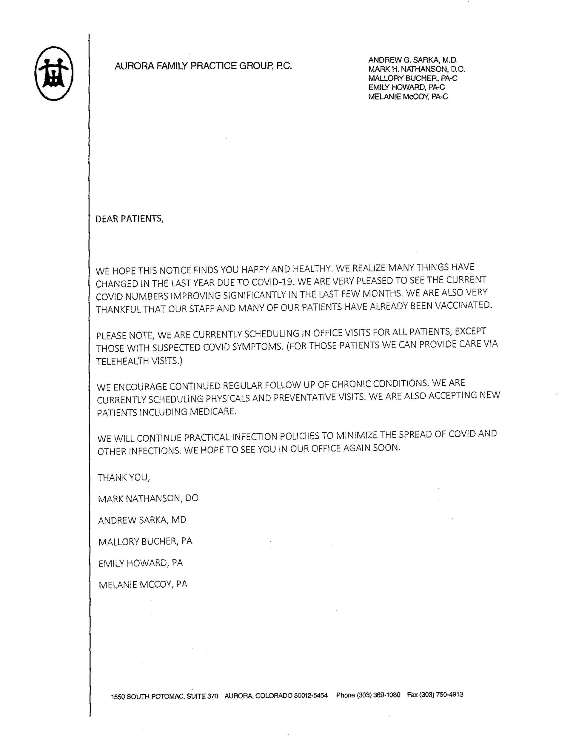Website Letter — Aurora, CO — Aurora Family Practice Group