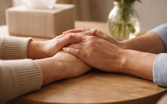 Two people gently holding hands across a small table in a softly lit room funeral homes in Franklin,
