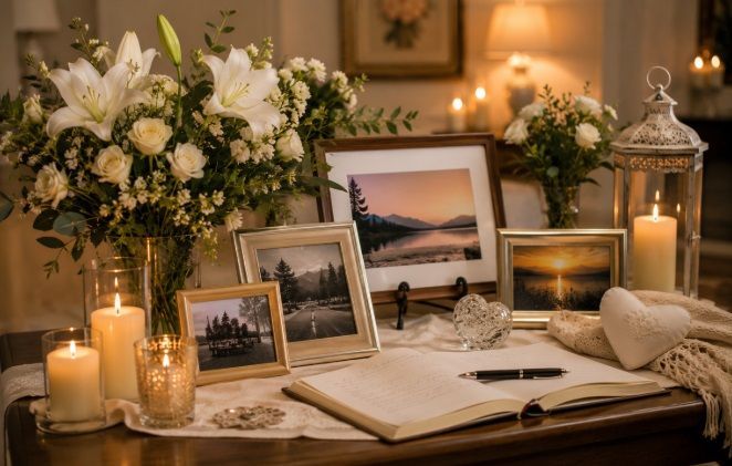 legant candlelit memorial display with flowers and keepsakes at funeral homes in Whiteland, IN
