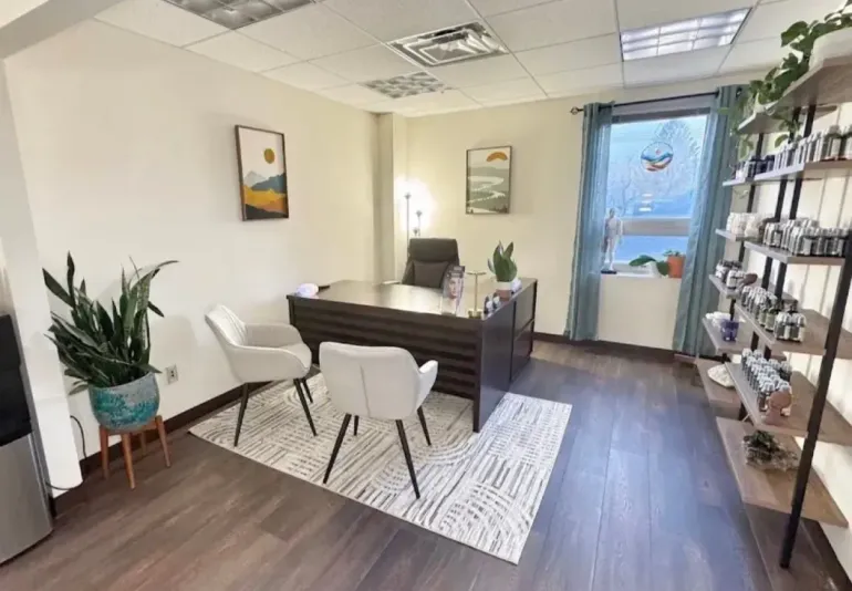 Modern office with desk, chairs, plants, shelves, and a glass door on wood floors