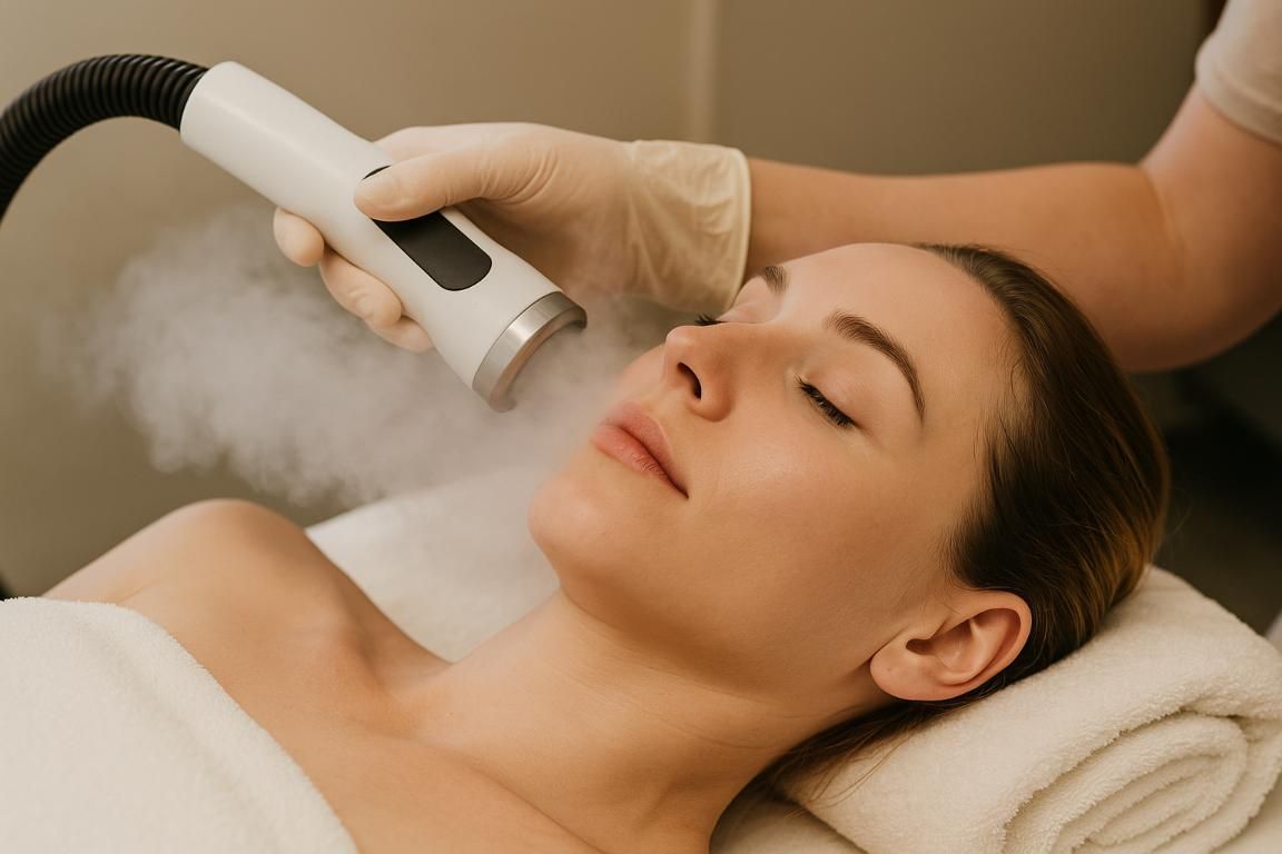 Woman receiving a facial treatment with a handheld device and steam on a spa bed