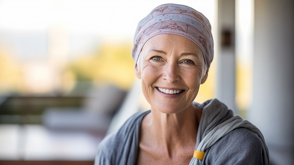 Smiling woman with a headscarf and gray sweater indoors, with a softly blurred background
