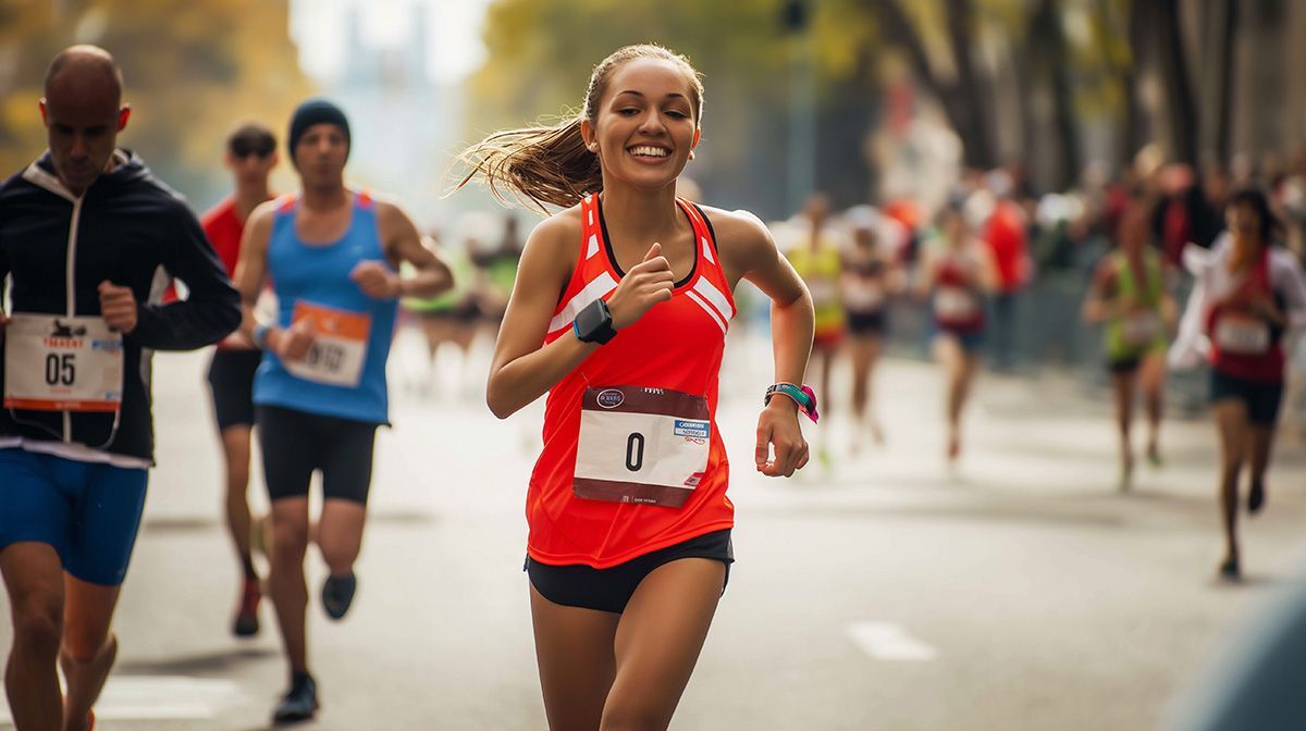 Runners in a road race, with a smiling woman in a red tank top leading in the foreground.