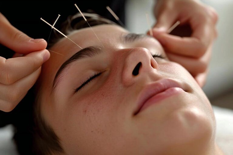 Acupuncture needles inserted near a person’s forehead and temples during a facial treatment