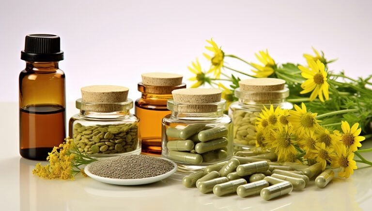 Herbal supplements with glass jars, capsules, seeds, and yellow flowers on a white surface
