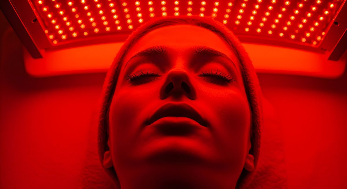 Person reclining under a red LED light panel, lit in intense red glow.