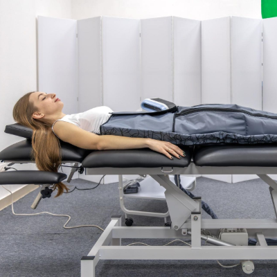 Person lying on a padded exam table in a clinic, with a white privacy screen behind and medical equipment below.