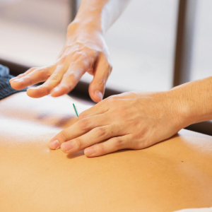 Hands massaging a person’s bare back on a treatment table