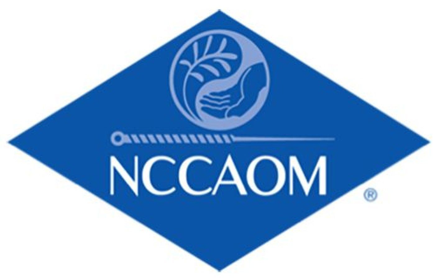 Blue diamond NCCAOM logo with a circular white leaf-and-hand emblem and the text “NCCAOM”