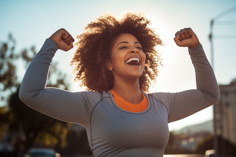 Person cheering with raised fists outdoors in warm sunlight, smiling confidently