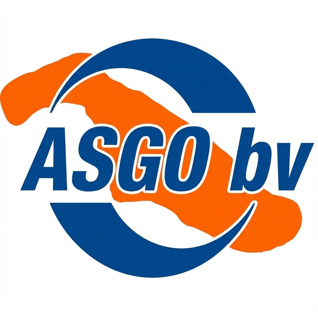 Het ASGO bv-logo met een blauw-oranje cirkelvormig ontwerp en vetgedrukte blauwe tekst.