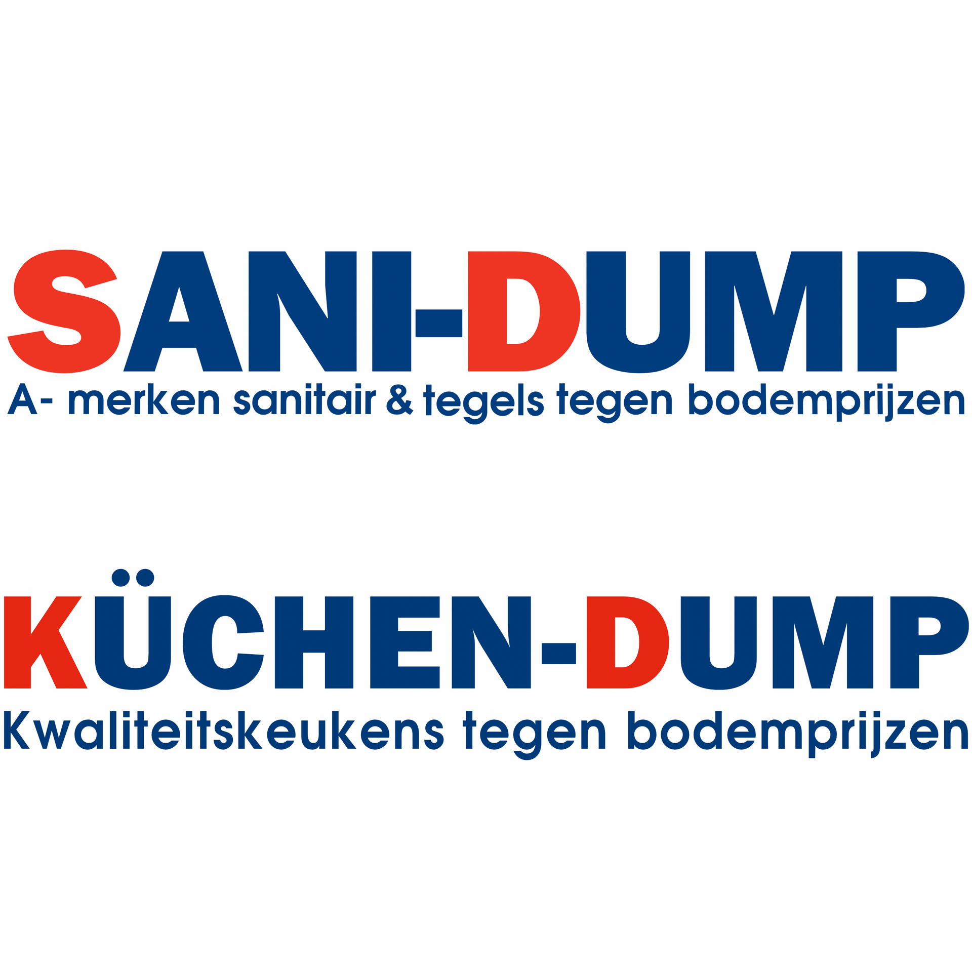 De logo's van SANI-DUMP en KÜCHEN-DUMP in rood en blauw met Nederlandse slogans op een witte achtergrond.