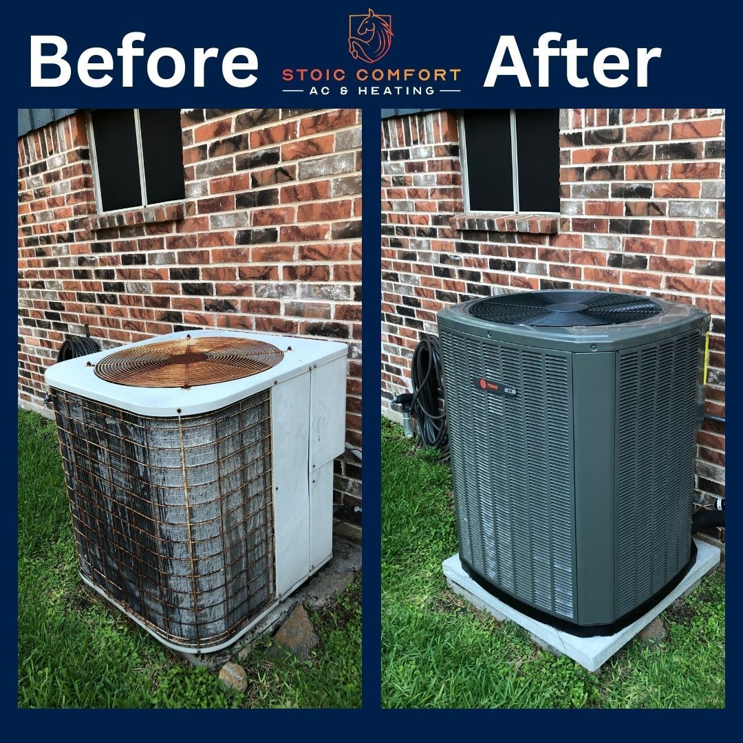 a before and after picture of an air conditioner in front of a brick building .