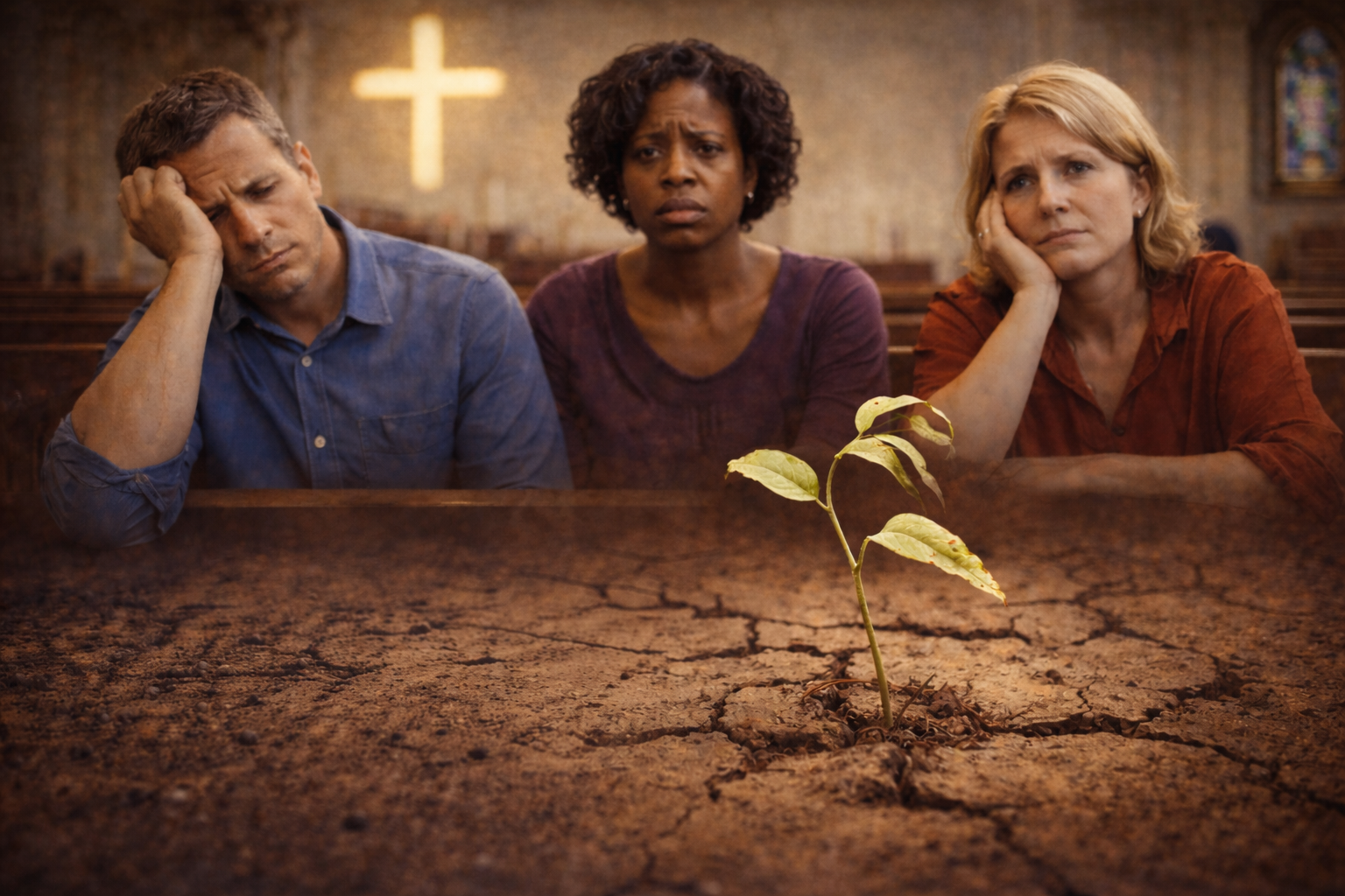 Church pew with weary faces and a small sprout growing from cracked soil in the foreground.