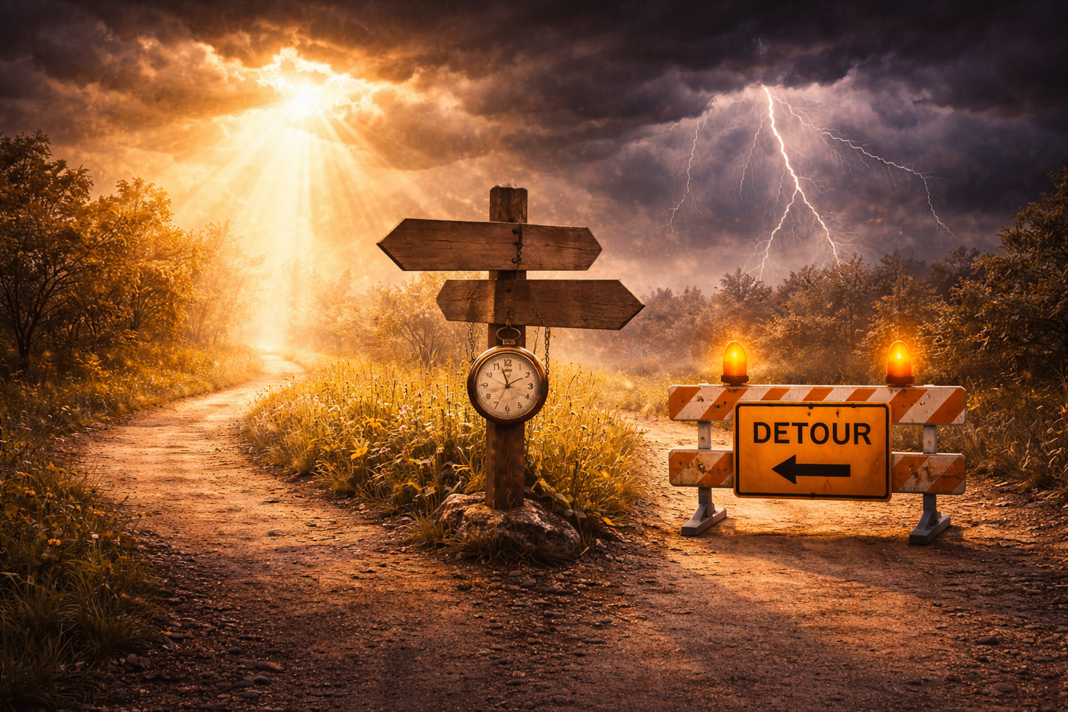Sunlit forest crossroads with a wooden signpost, clock and detour sign symbolizing delays, detours