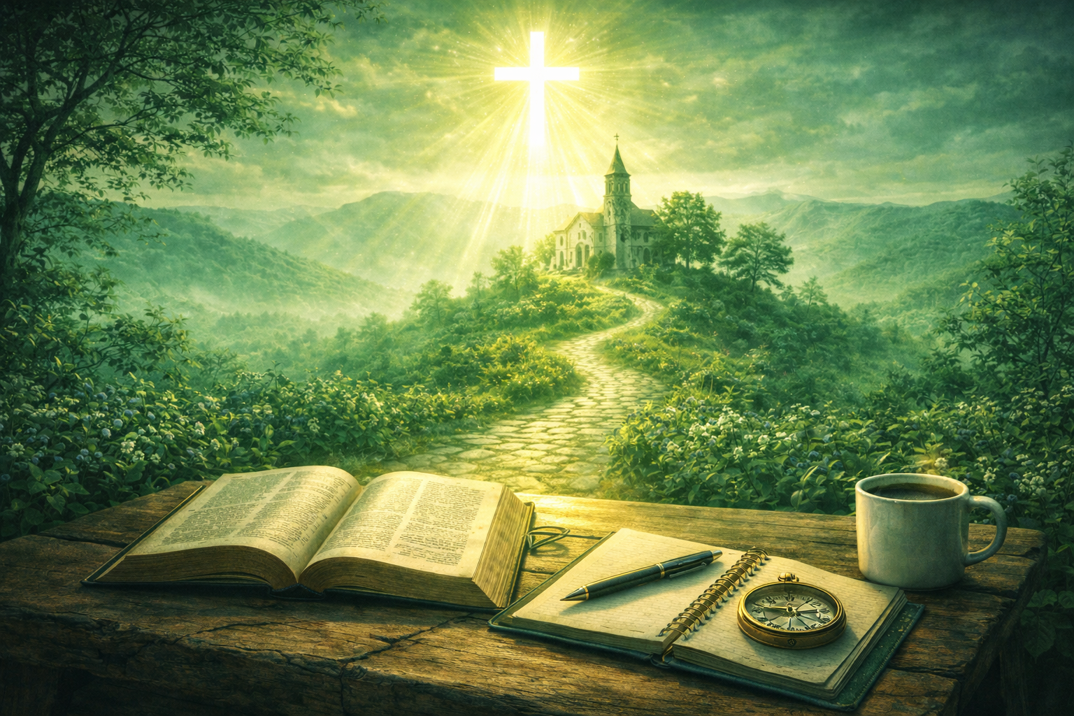 A lighted path with word, pen journal and compass.