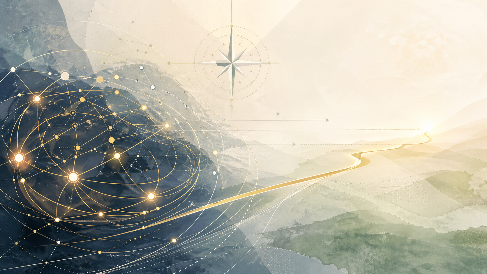An abstract visual showing a dense cluster of connected circles and lines on left, pathway on right