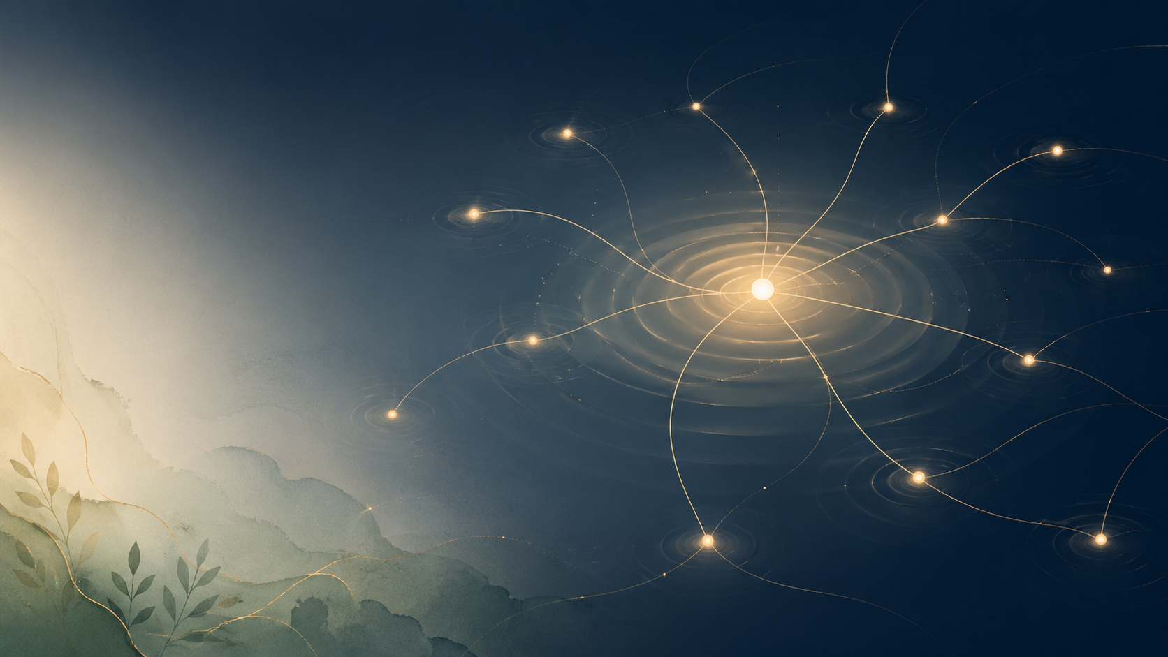 An abstract network of glowing connection points radiates from one bright central catalyst.