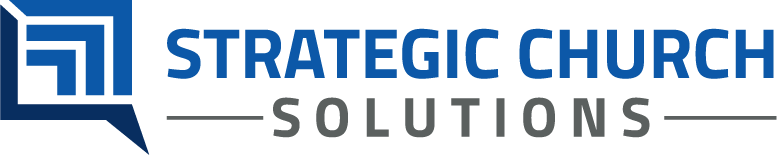 Strategic Church Solution logo white background, blue and gray fonts.