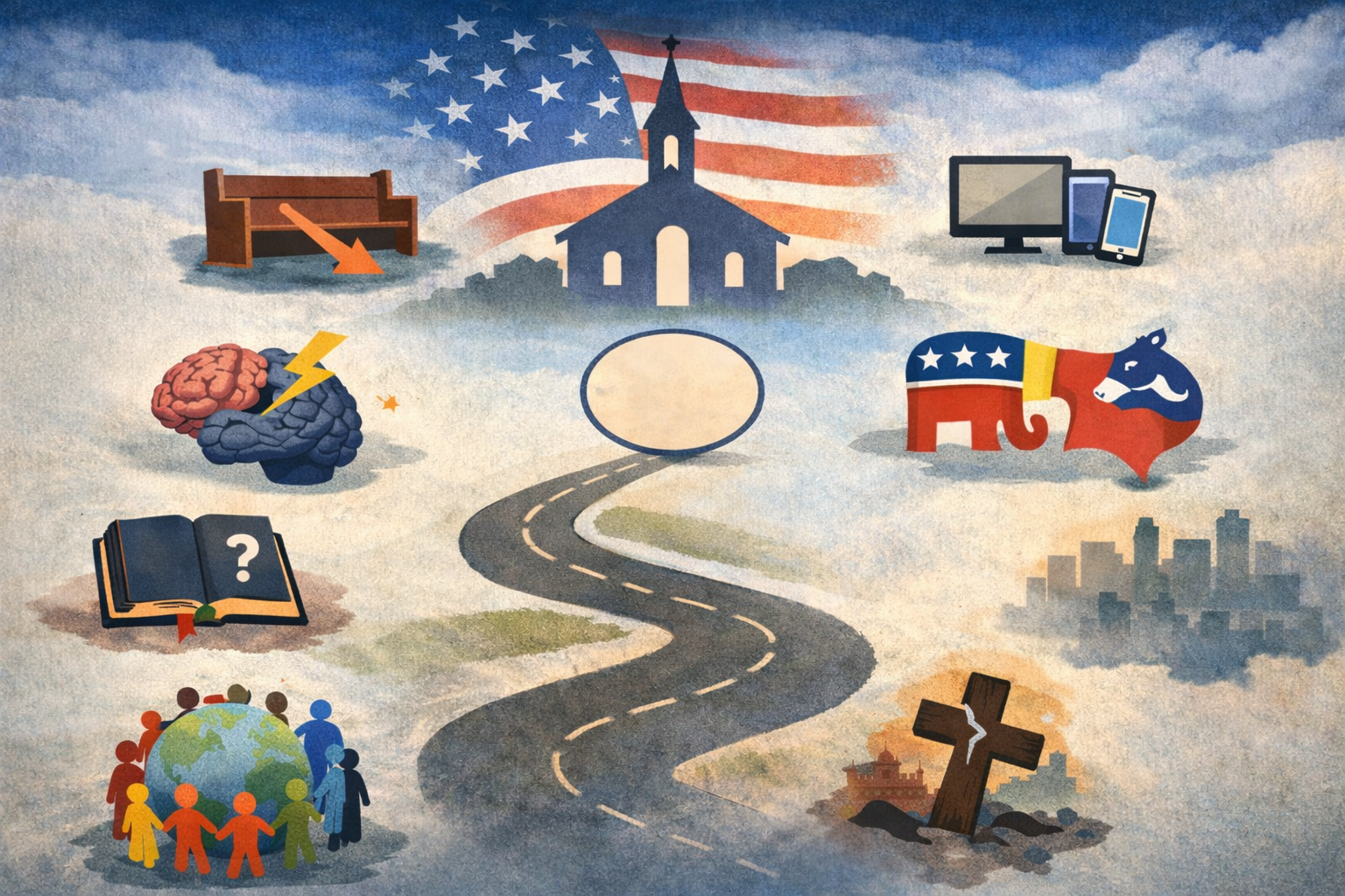 Glowing  icons connected by lines, symbolizing cultural and technological forces impacting churches.