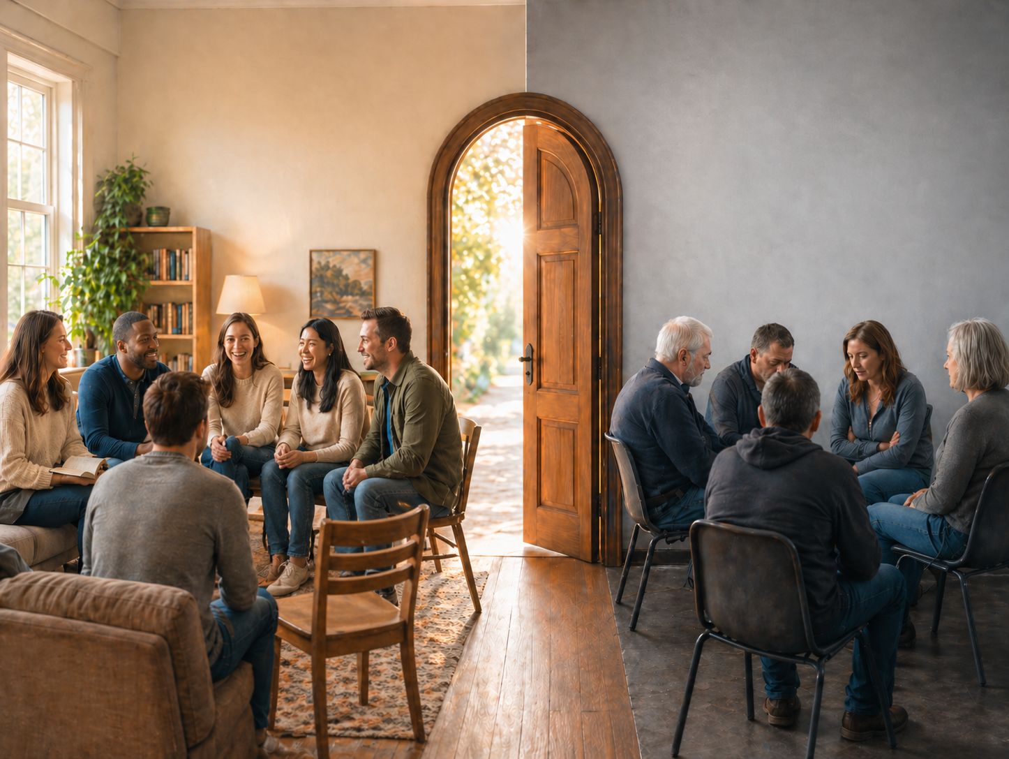 A warm small-group gathering is contrasted with a darker, closed-off group, using an open doorway