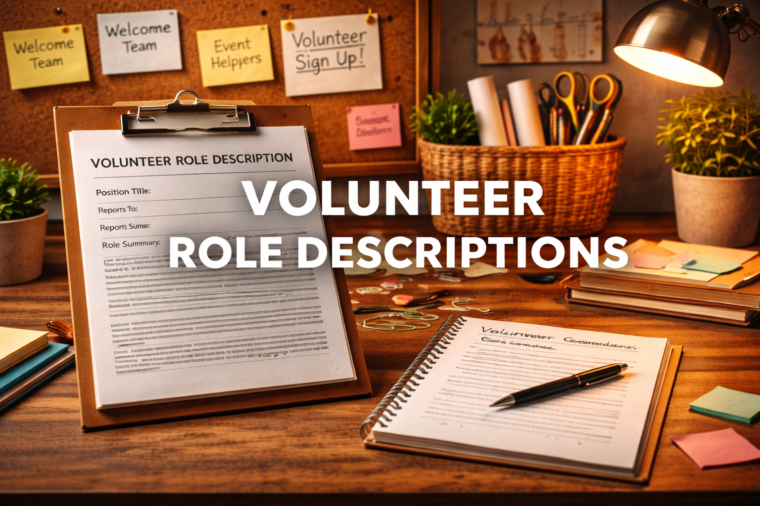 Clip board, note pad and pen at workdesk