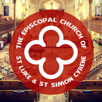 Red circle logo over church interior: white cross symbol, text