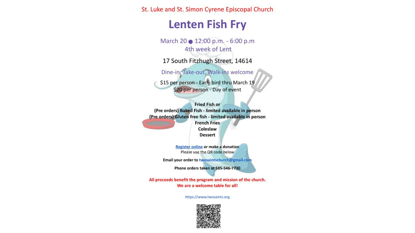 Flyer for a Lenten Fish Fry at St. Luke and St. Peter's Church, includes details on date, time, and location.