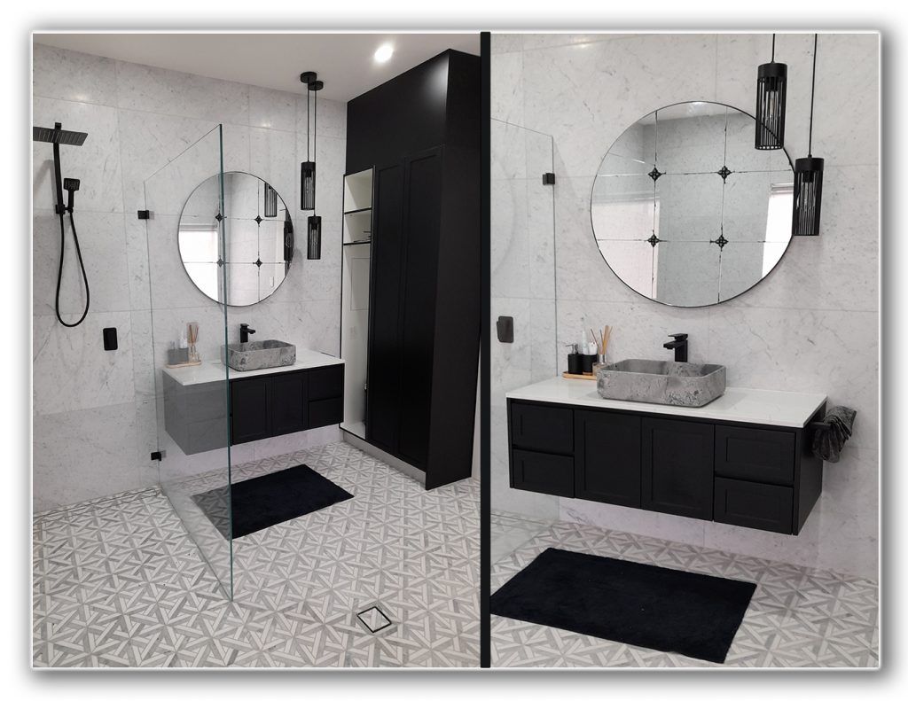 A bathroom with a walk in shower and two sinks A bathroom with a walk in shower and two sinks