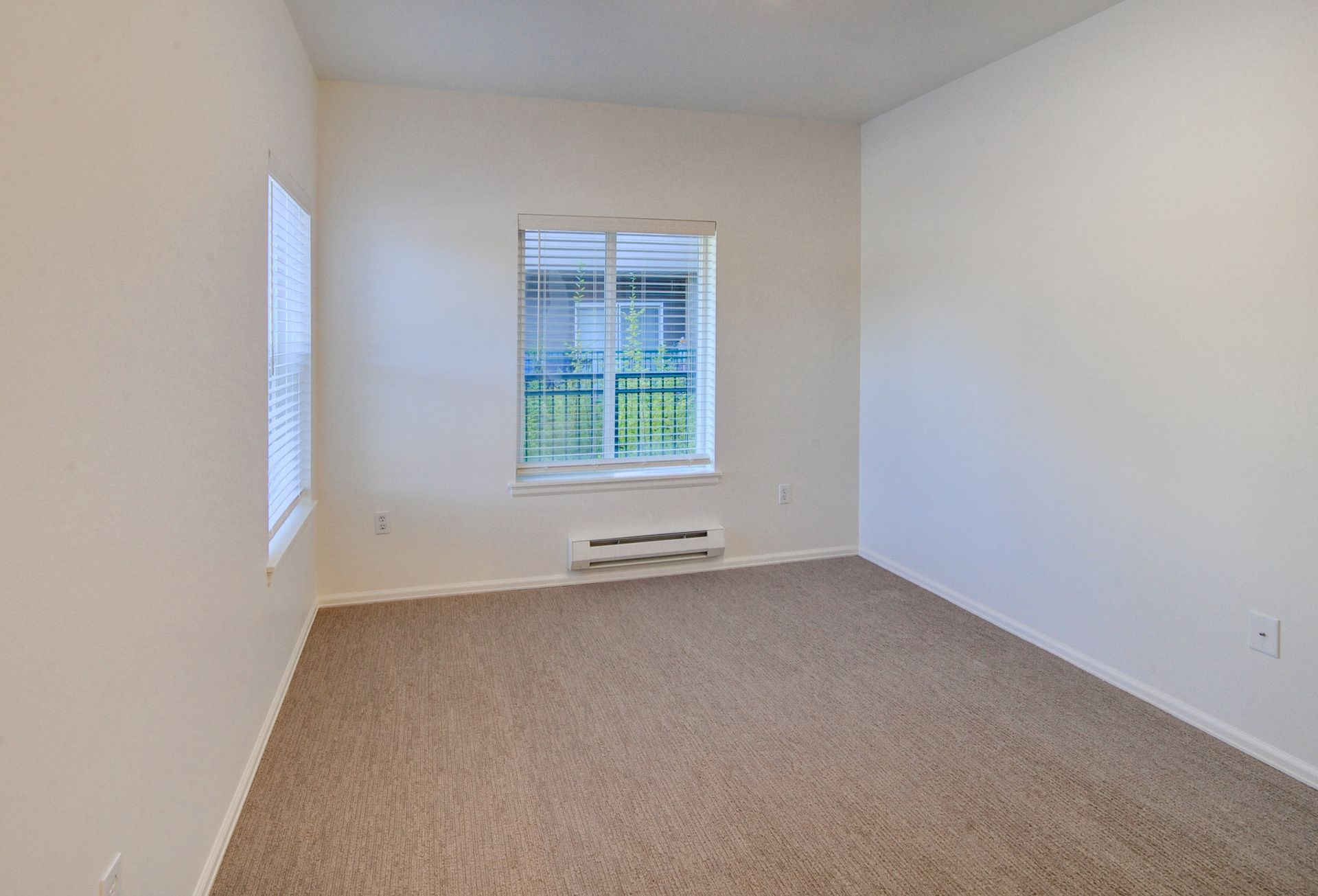 an empty room with a carpeted floor and two windows .