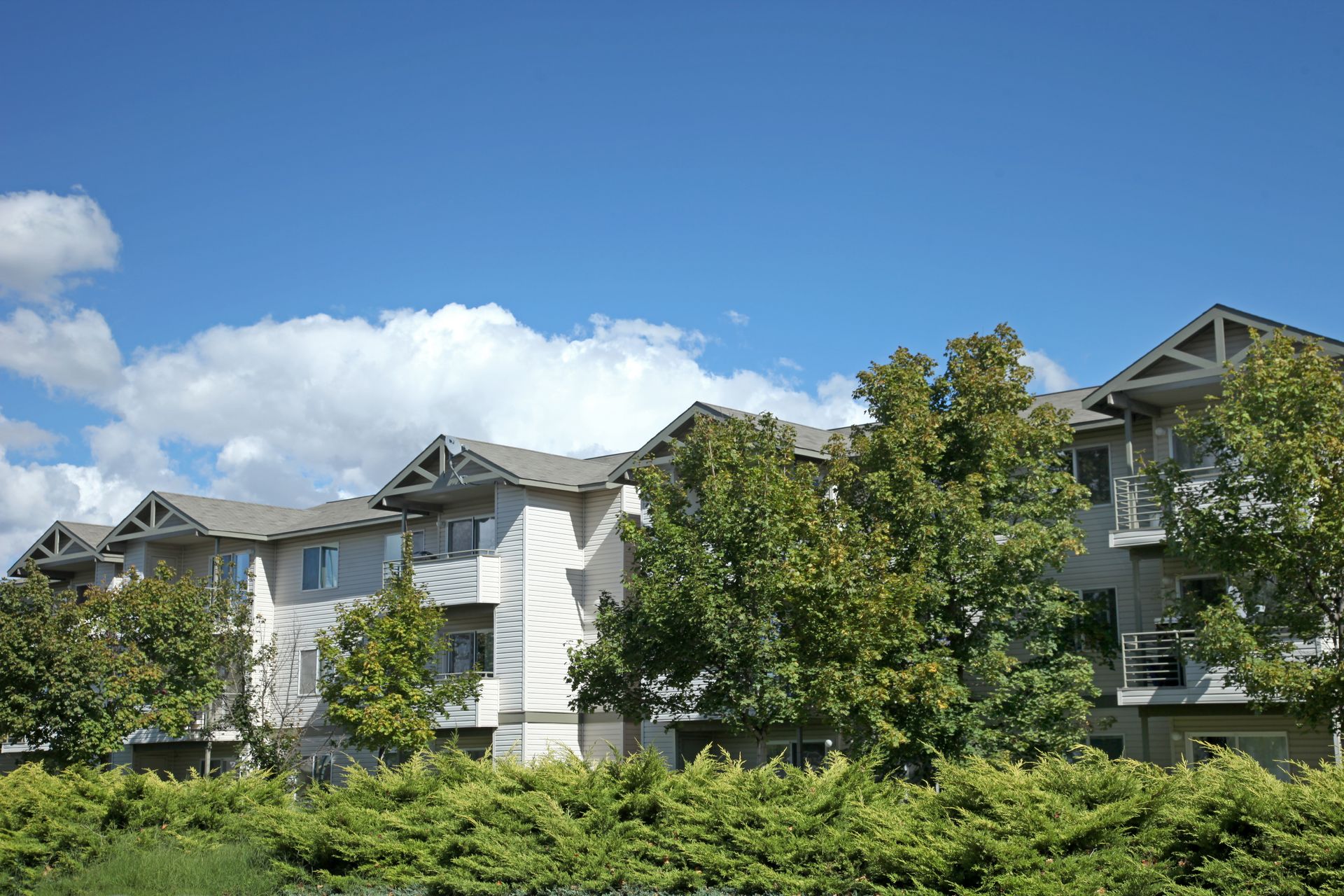 a large apartment building with trees in front of it