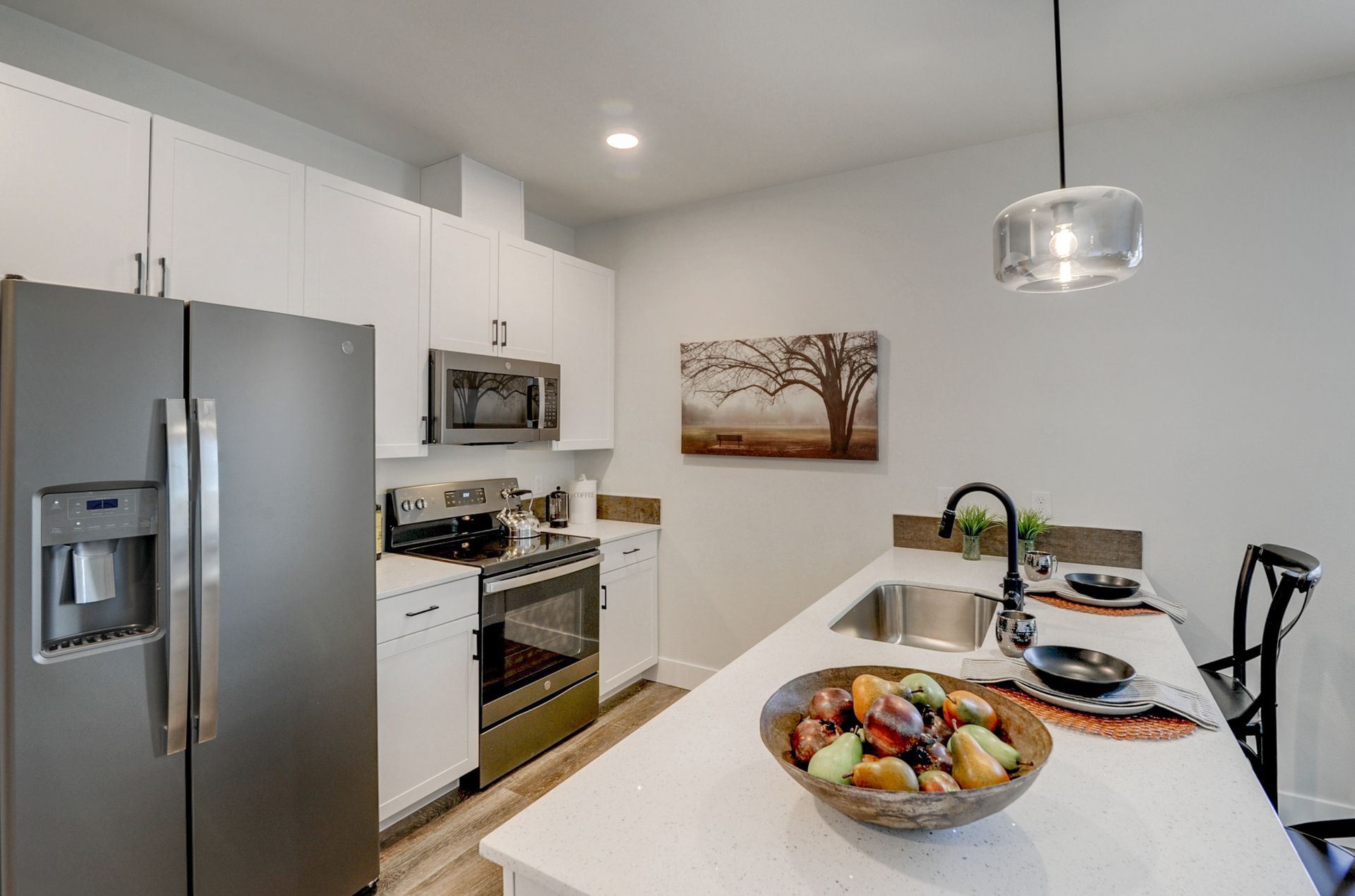 a kitchen with stainless steel appliances and a bowl of fruit on the counter .