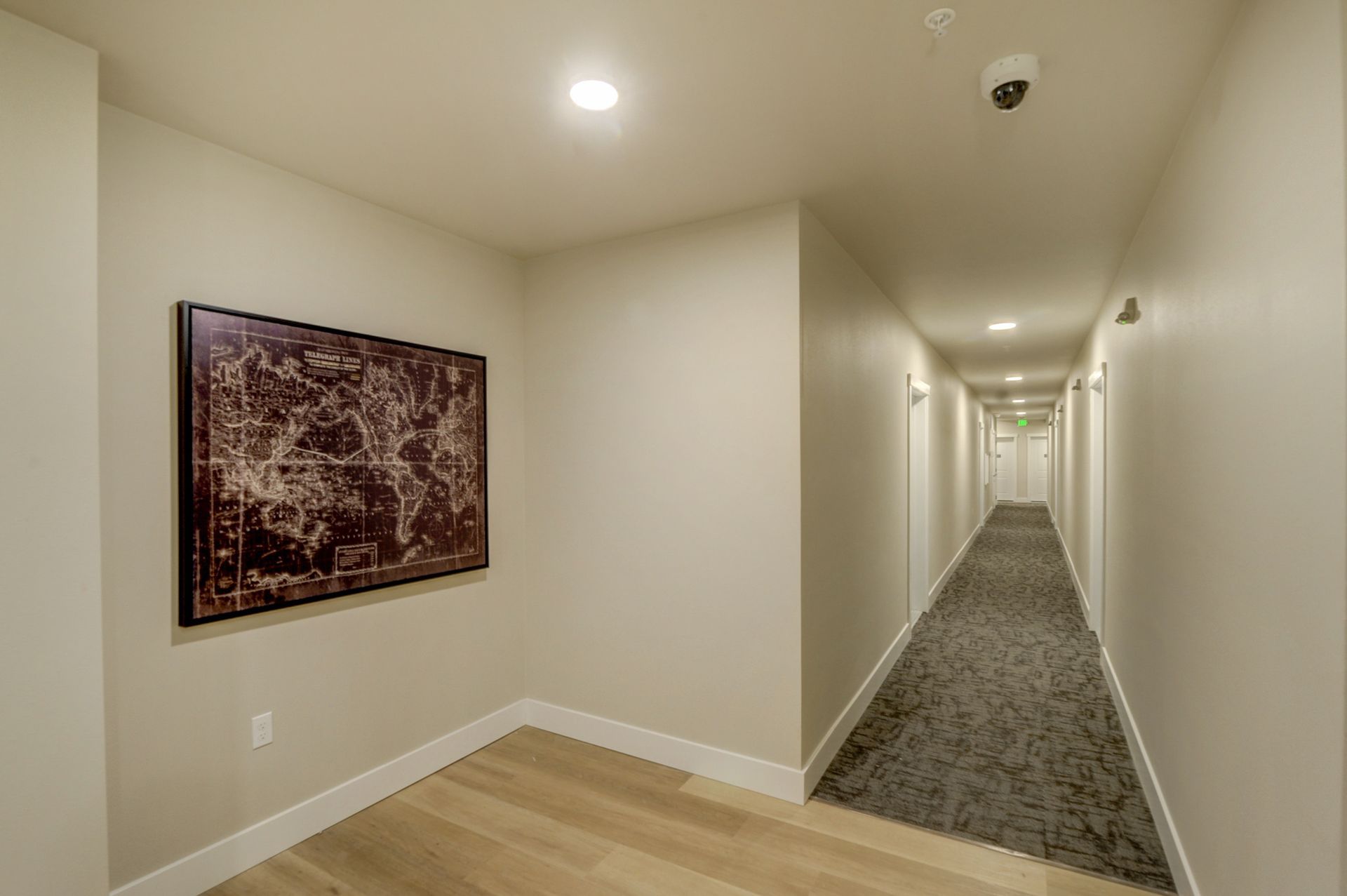 a long hallway with a picture on the wall and a camera on the ceiling .