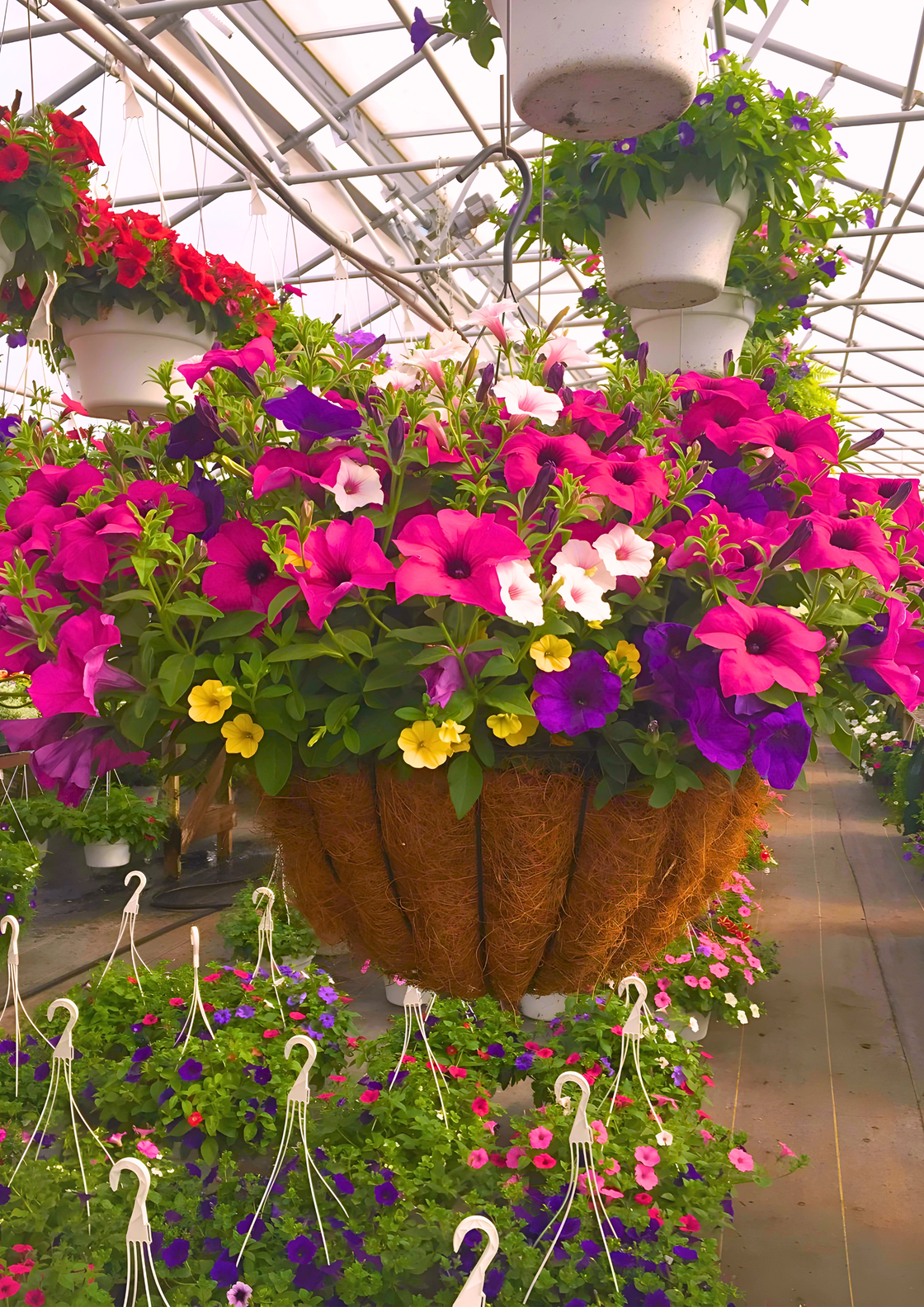 A greenhouse filled with hanging baskets of pink and purple flowers
