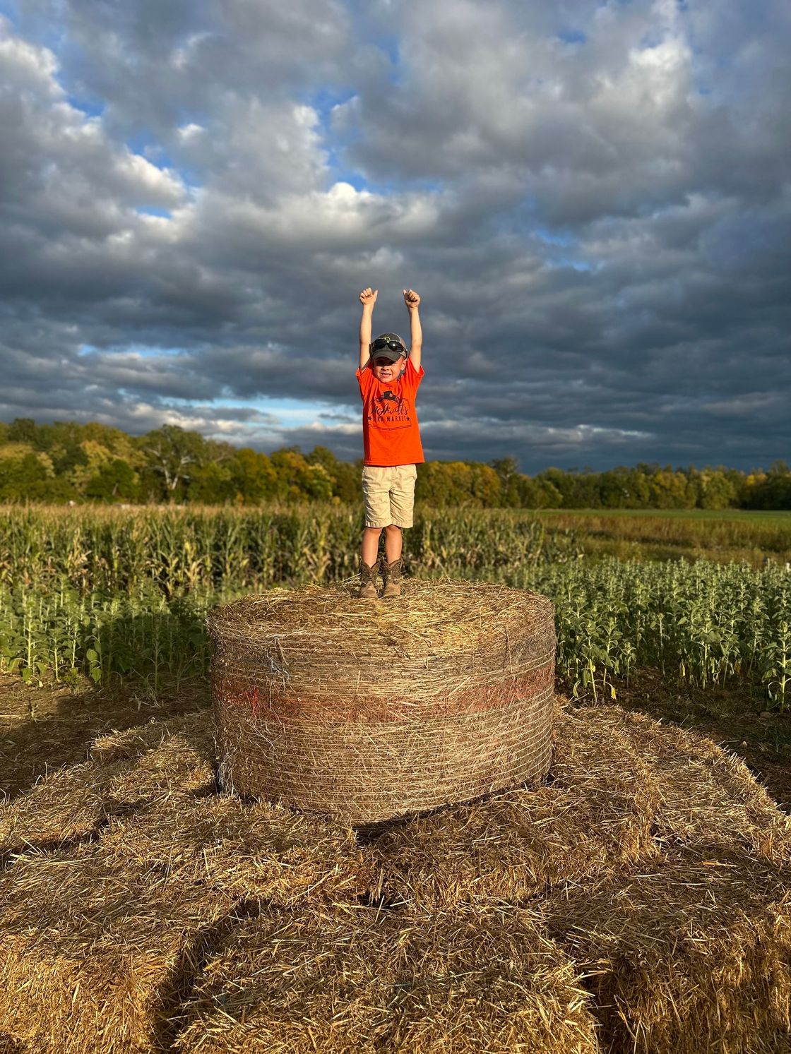A boy is standing on top of a pile of hay bales in a field.
