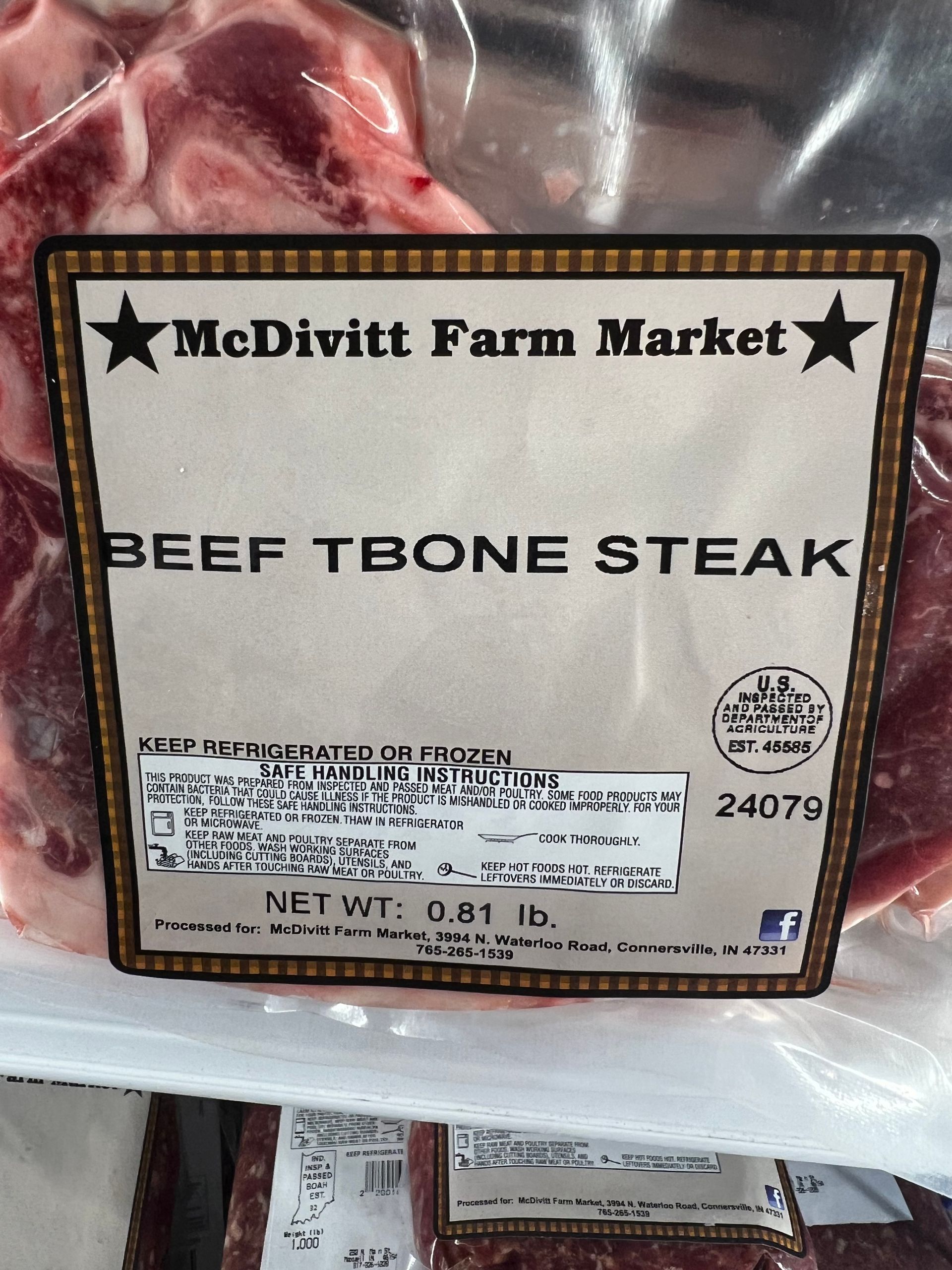 A package of beef tbone steak from mcdivitt farm market