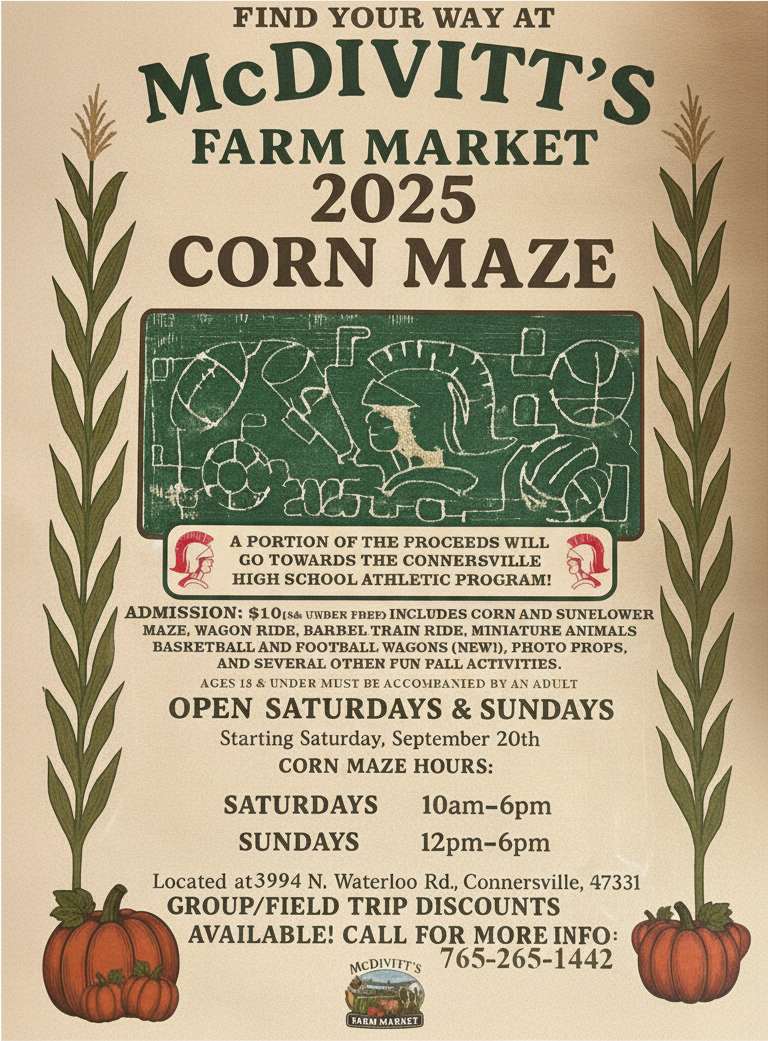 McDivitt's Farm Market 2025 Corn Maze advertisement, open Saturdays and Sundays. Pumpkins and corn stalks frame the poster.