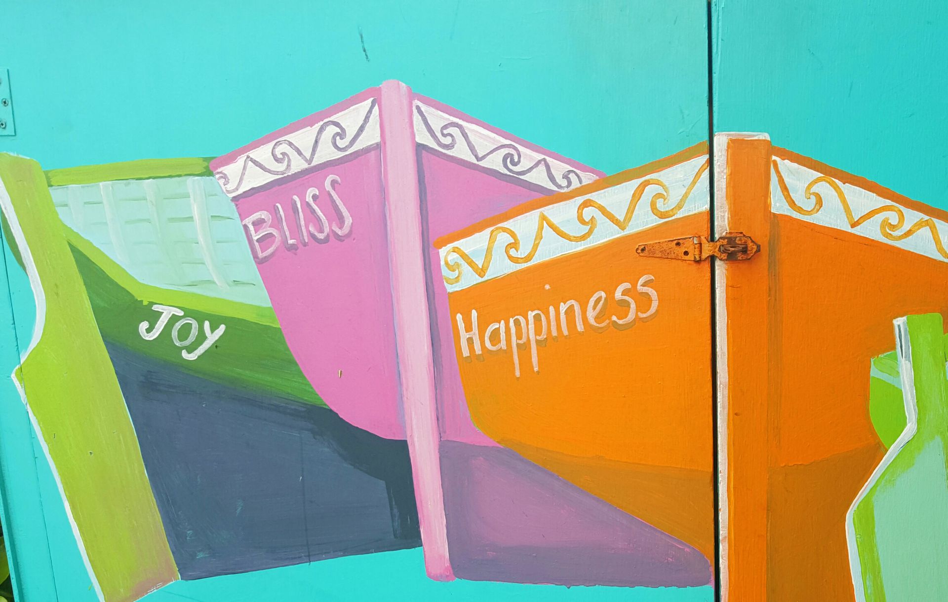 A painting of a boat with the words bliss joy and happiness written on it