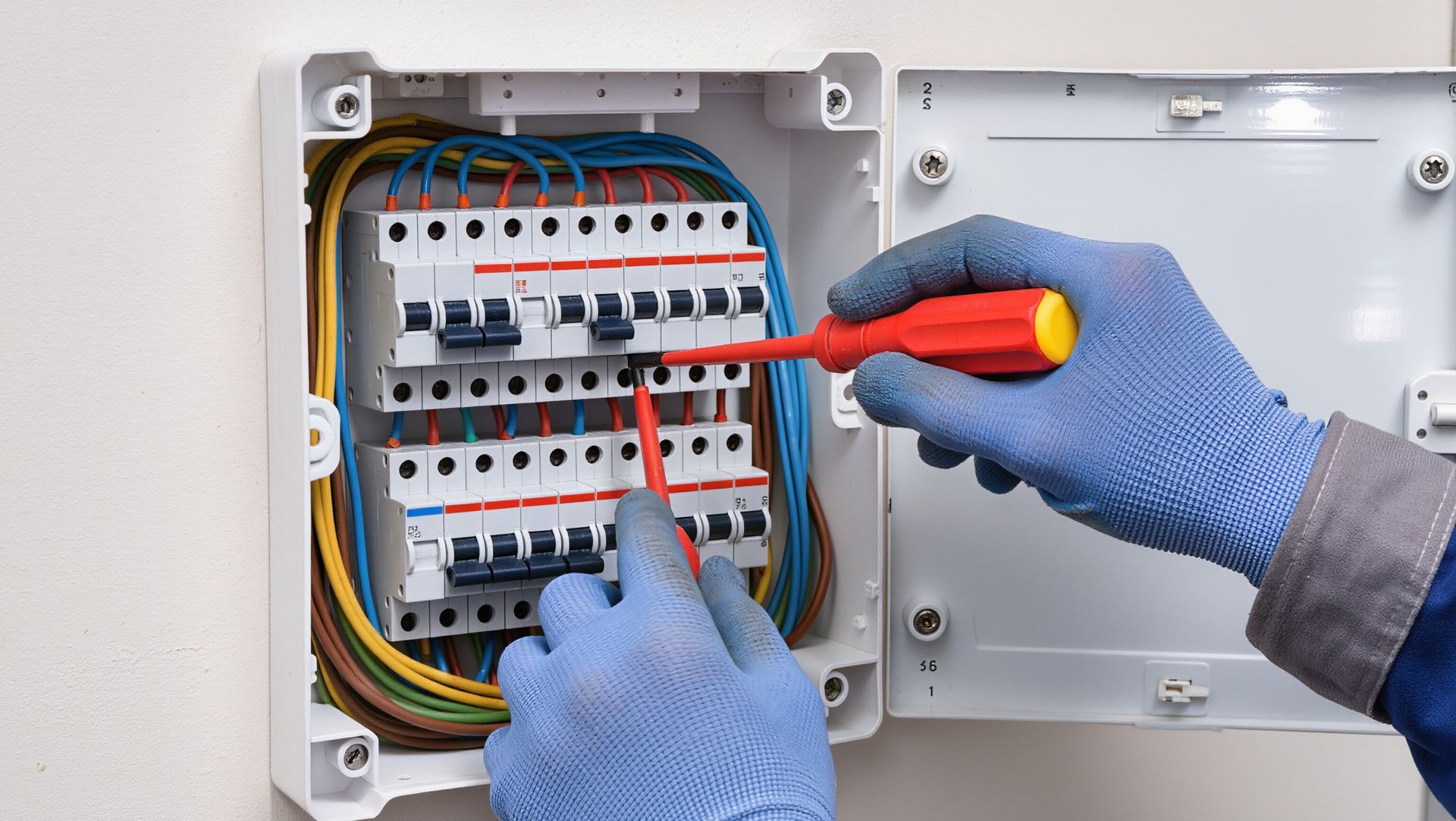 Electrician in blue gloves using a screwdriver on a circuit breaker panel.