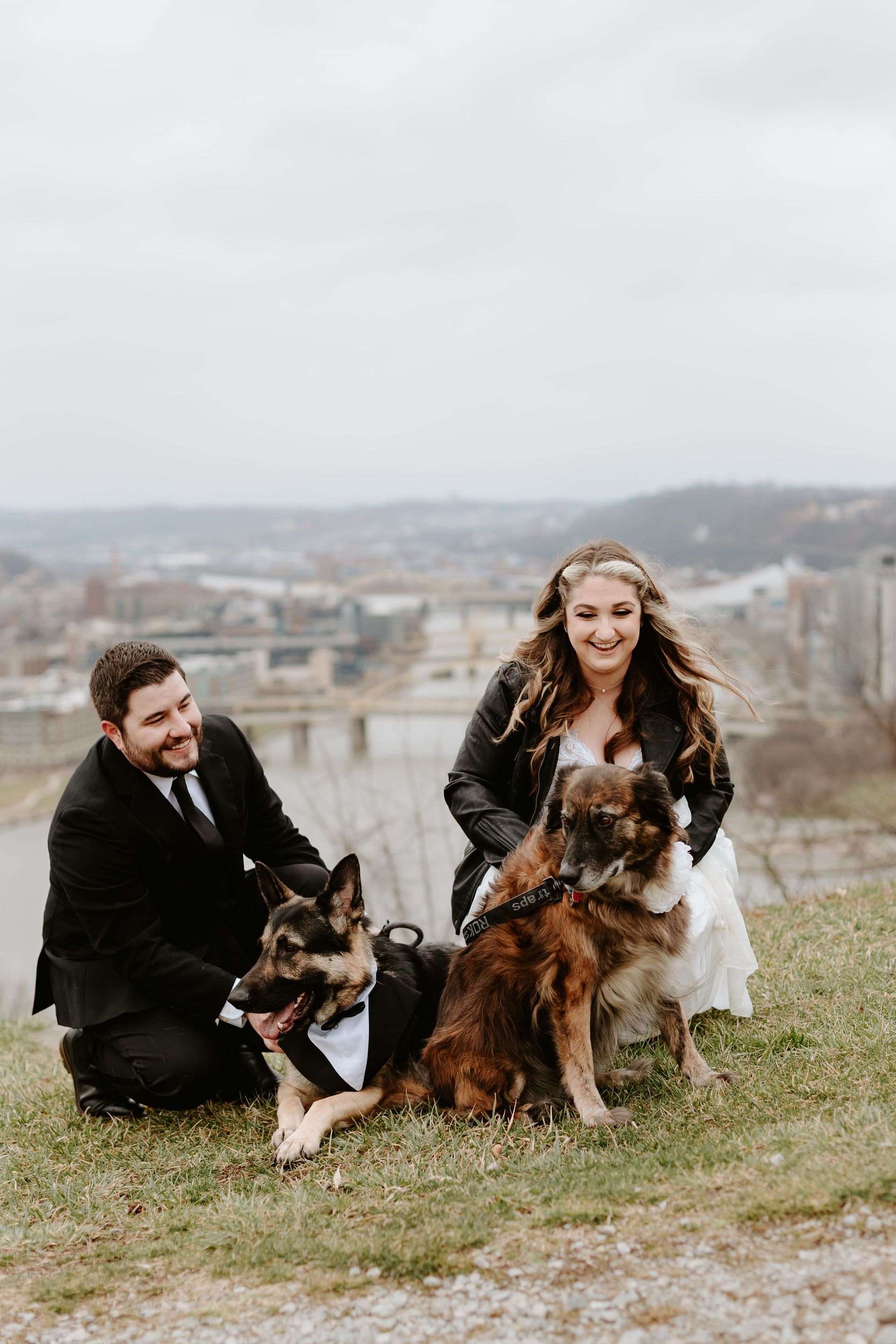 a bride and groom are posing for a picture with their dogs . natural wedding makeup. pittsburgh, pa. bridal makeup. bridal mua. wedding makeup artist. moriah e beauty. liz capuano photography.