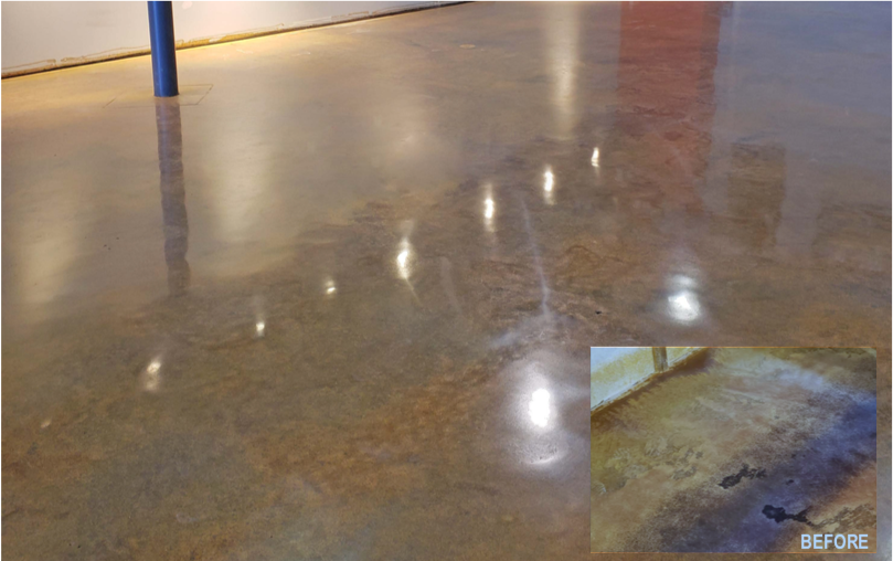 A before and after photo of a concrete floor