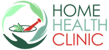 Logo for Home Health Clinic featuring a mortar and pestle, green leaves, and text in green and red.