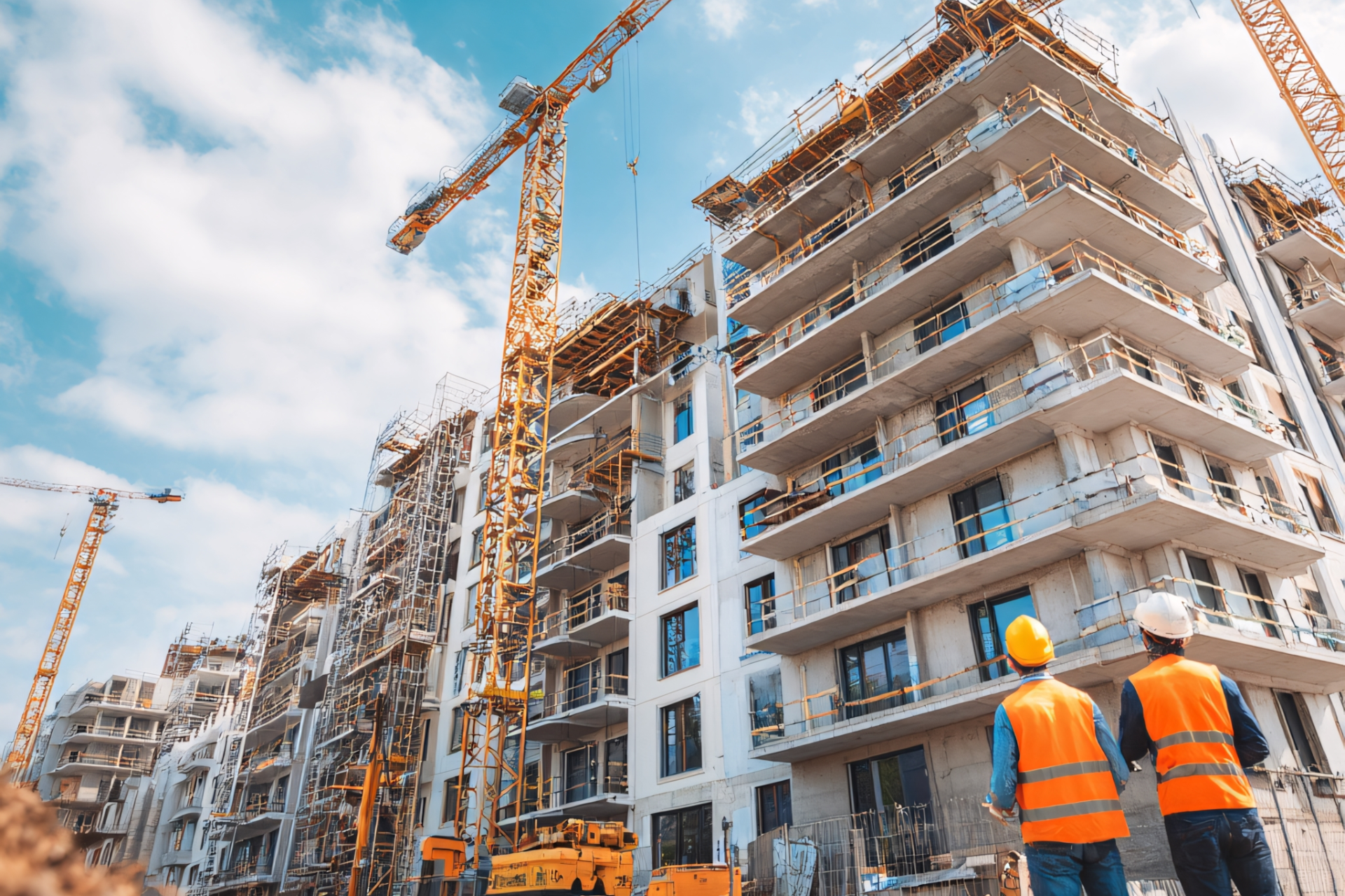 Construction site with tall cranes and buildings, two workers in safety vests surveying progress.