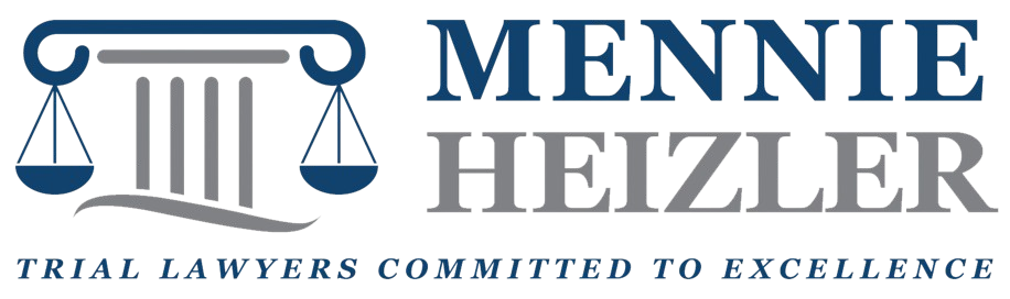 Logo for Mennie + Heitzler law firm. Features scales, pillars, and text, 