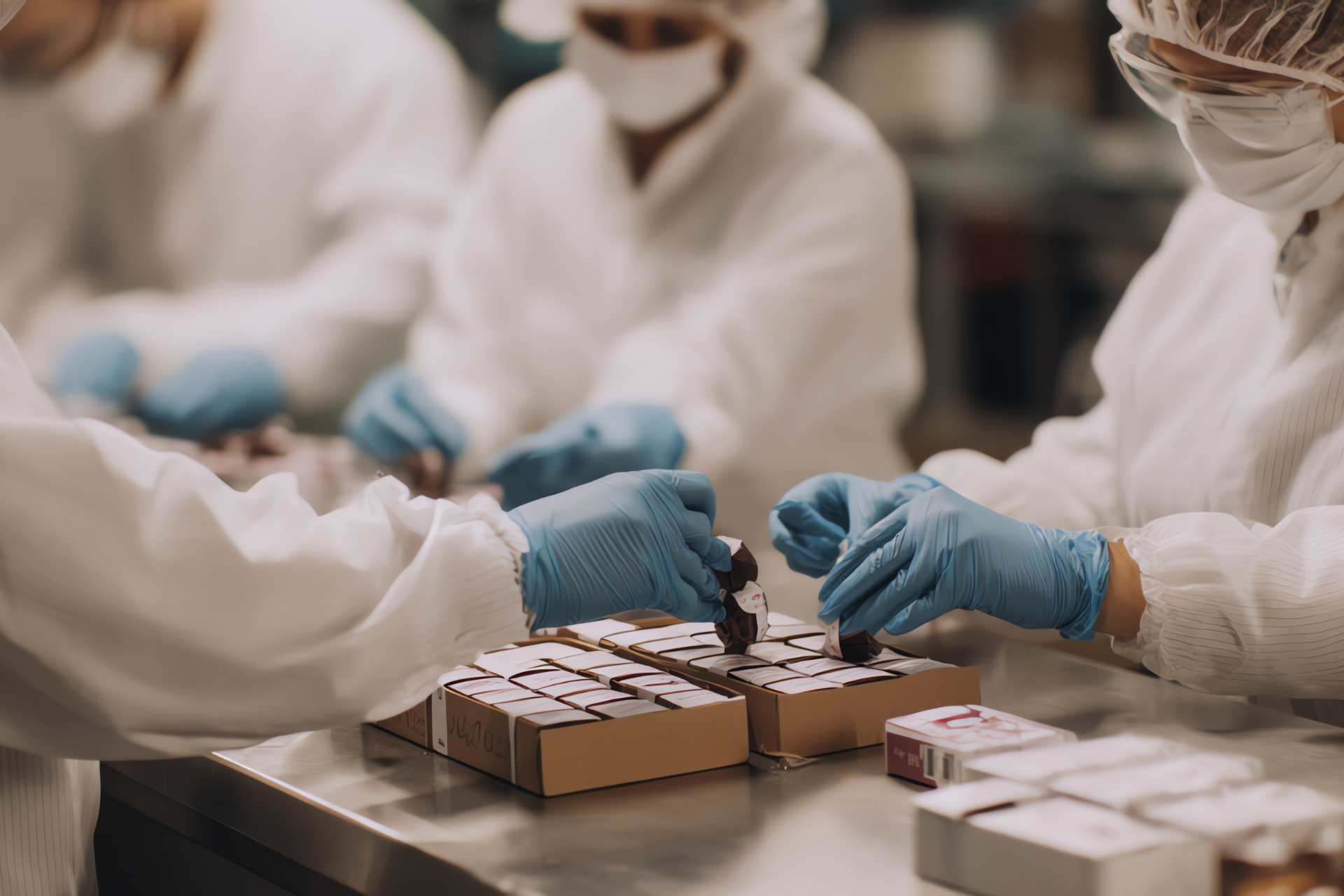 Workers in protective gear packaging chocolate bars.