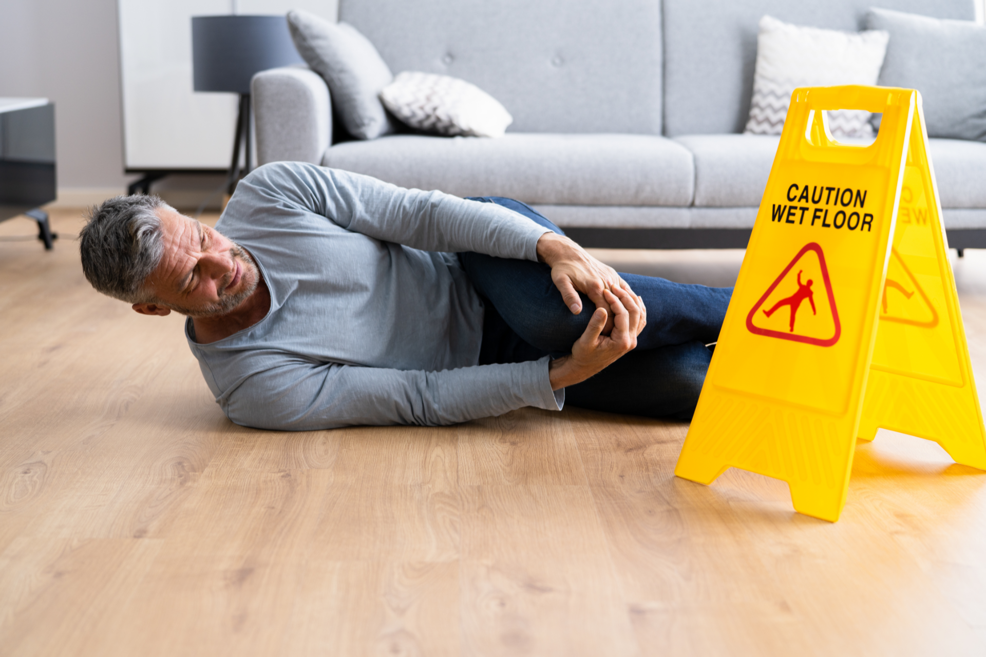 Man lying on floor, grimacing, near a wet floor sign in a home setting.