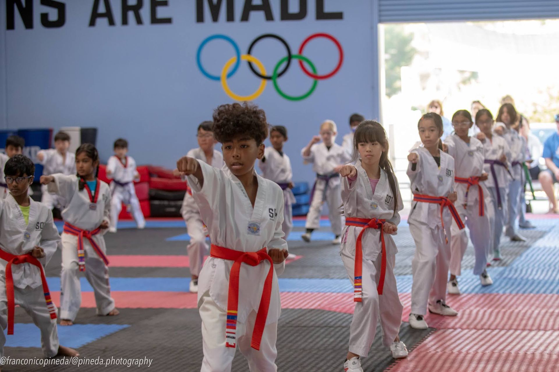 A group of children are practicing martial arts in a gym.