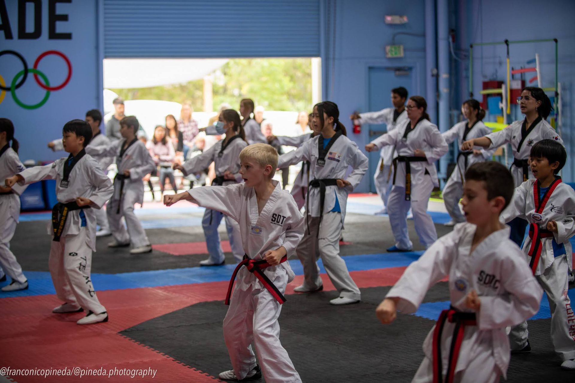 A group of children are practicing martial arts in a gym.
